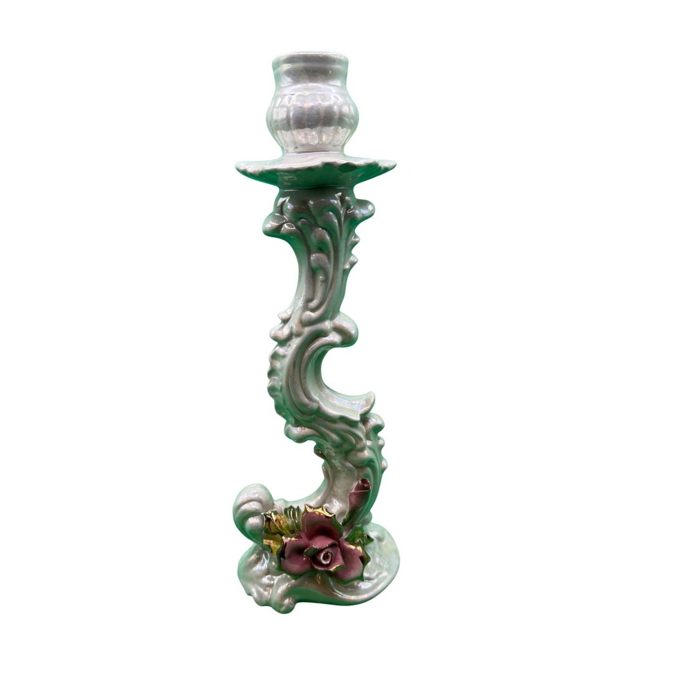 Vintage Capodimonte Italian Porcelain Iridescent Rose Candlestick Holder 9.5"